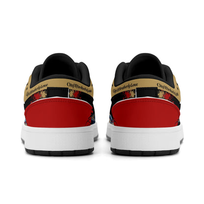 Philadelphia basketball-inspired Jamrock Low top sneakers in black with red and gold all-over city skyline graphic printed upper