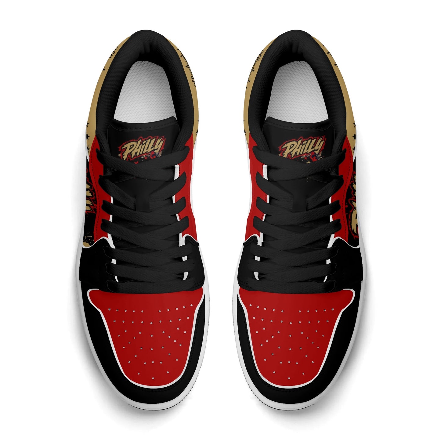 Philadelphia basketball-inspired Jamrock Low top sneakers in black with red and gold all-over city skyline graphic printed upper