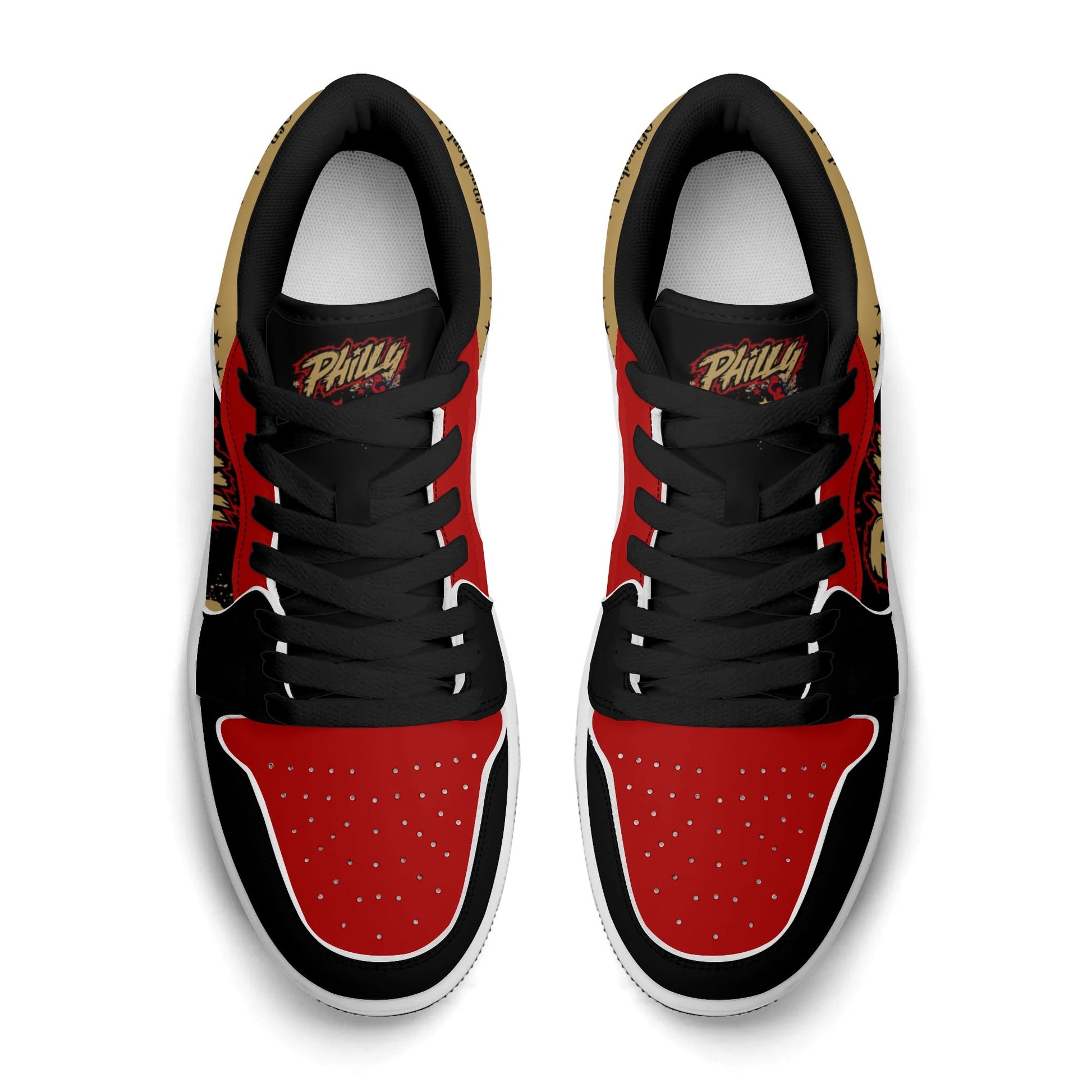 Philadelphia basketball-inspired Jamrock Low top sneakers in black with red and gold all-over city skyline graphic printed upper