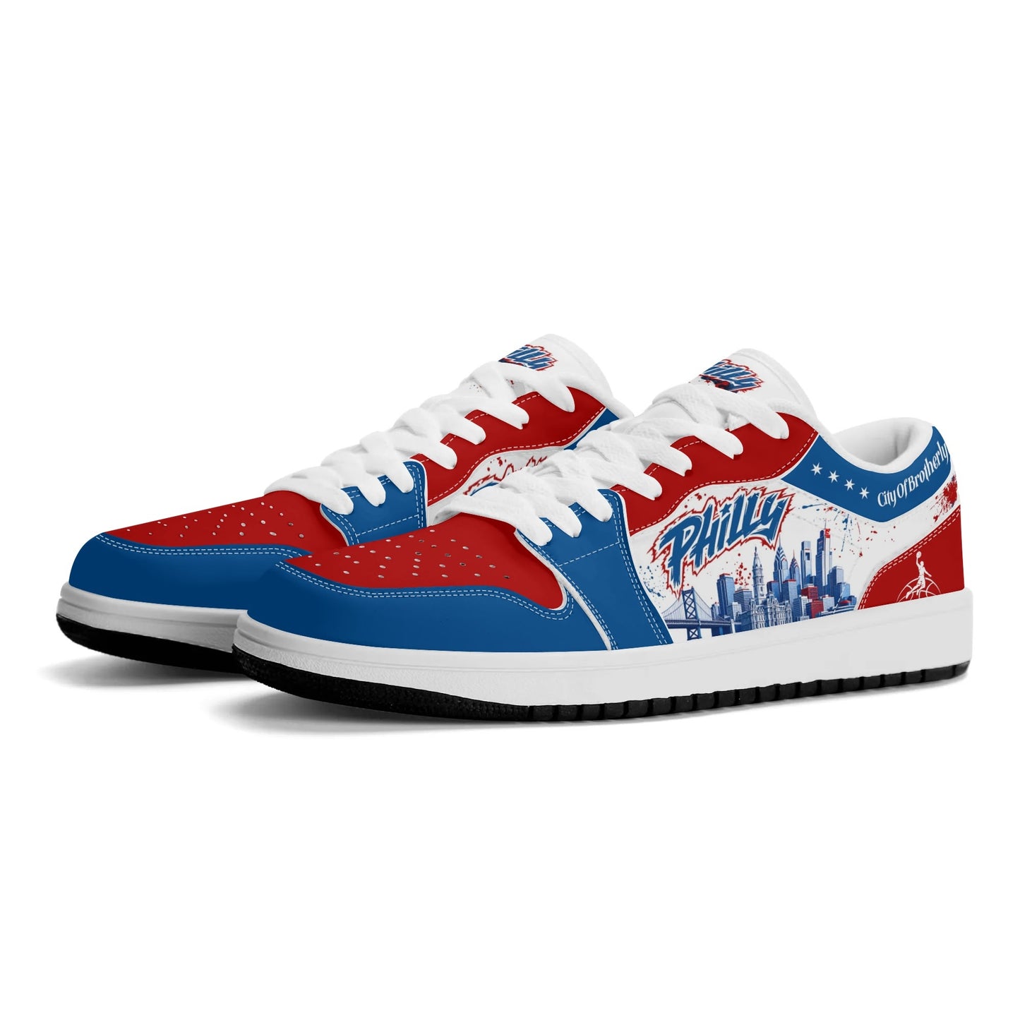Philadelphia basketball-inspired Jamrock Low top sneakers in red, white, and blue with all-over city skyline graphic printed upper
