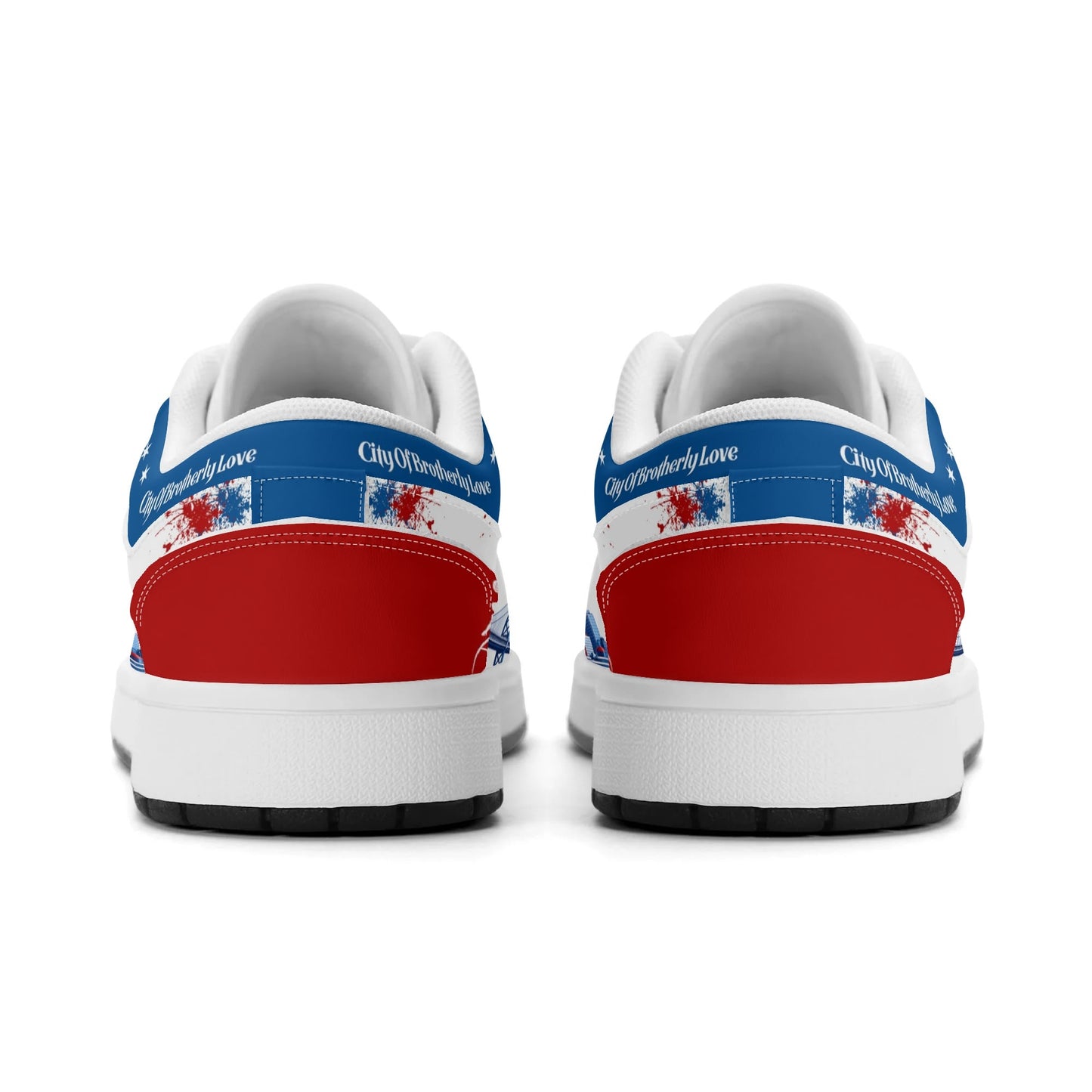 Philadelphia basketball-inspired Jamrock Low top sneakers in red, white, and blue with all-over city skyline graphic printed upper