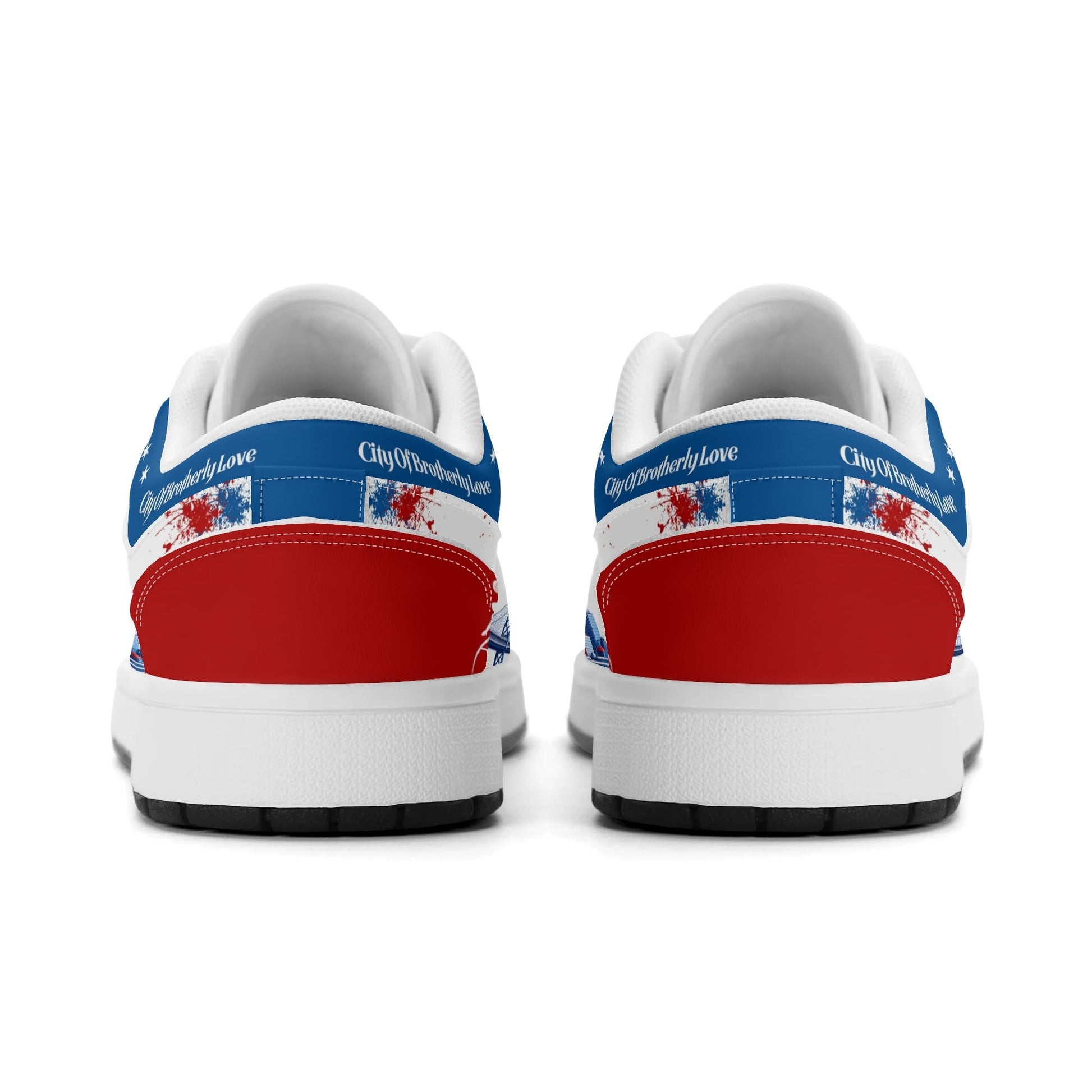 Philadelphia basketball-inspired Jamrock Low top sneakers in red, white, and blue with all-over city skyline graphic printed upper