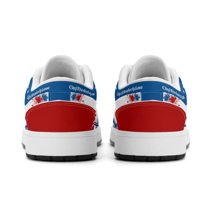 Philadelphia basketball-inspired Jamrock Low top sneakers in red, white, and blue with all-over city skyline graphic printed upper
