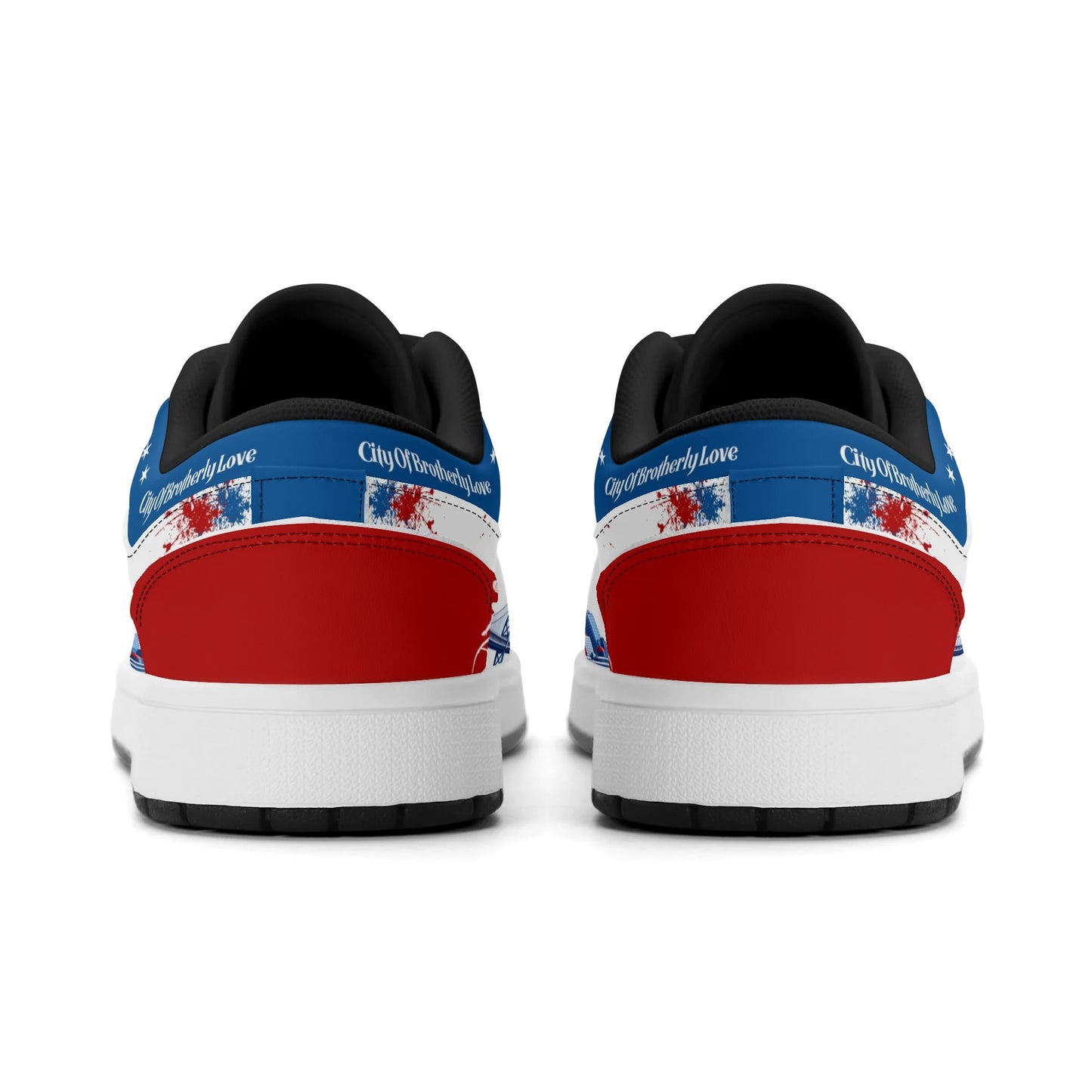Philadelphia basketball-inspired Jamrock Low top sneakers in red, white, and blue with all-over city skyline graphic printed upper