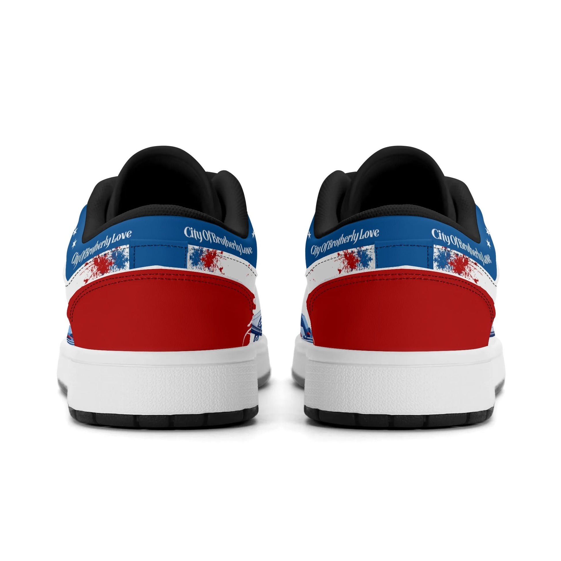 Philadelphia basketball-inspired Jamrock Low top sneakers in red, white, and blue with all-over city skyline graphic printed upper
