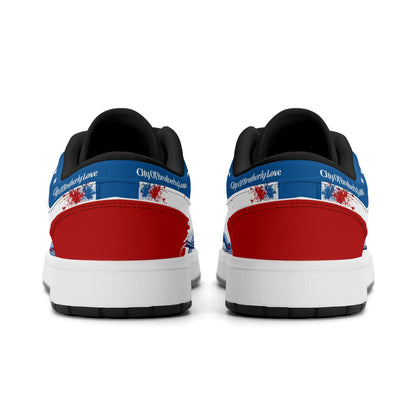 Philadelphia basketball-inspired Jamrock Low top sneakers in red, white, and blue with all-over city skyline graphic printed upper