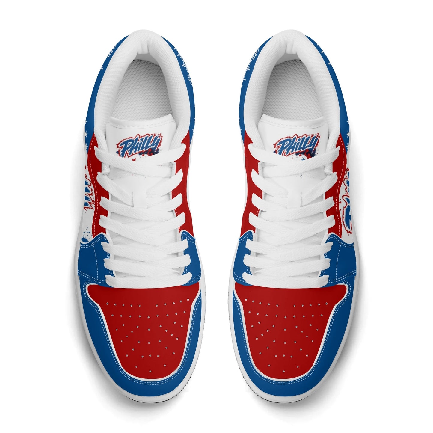 Philadelphia basketball-inspired Jamrock Low top sneakers in red, white, and blue with all-over city skyline graphic printed upper