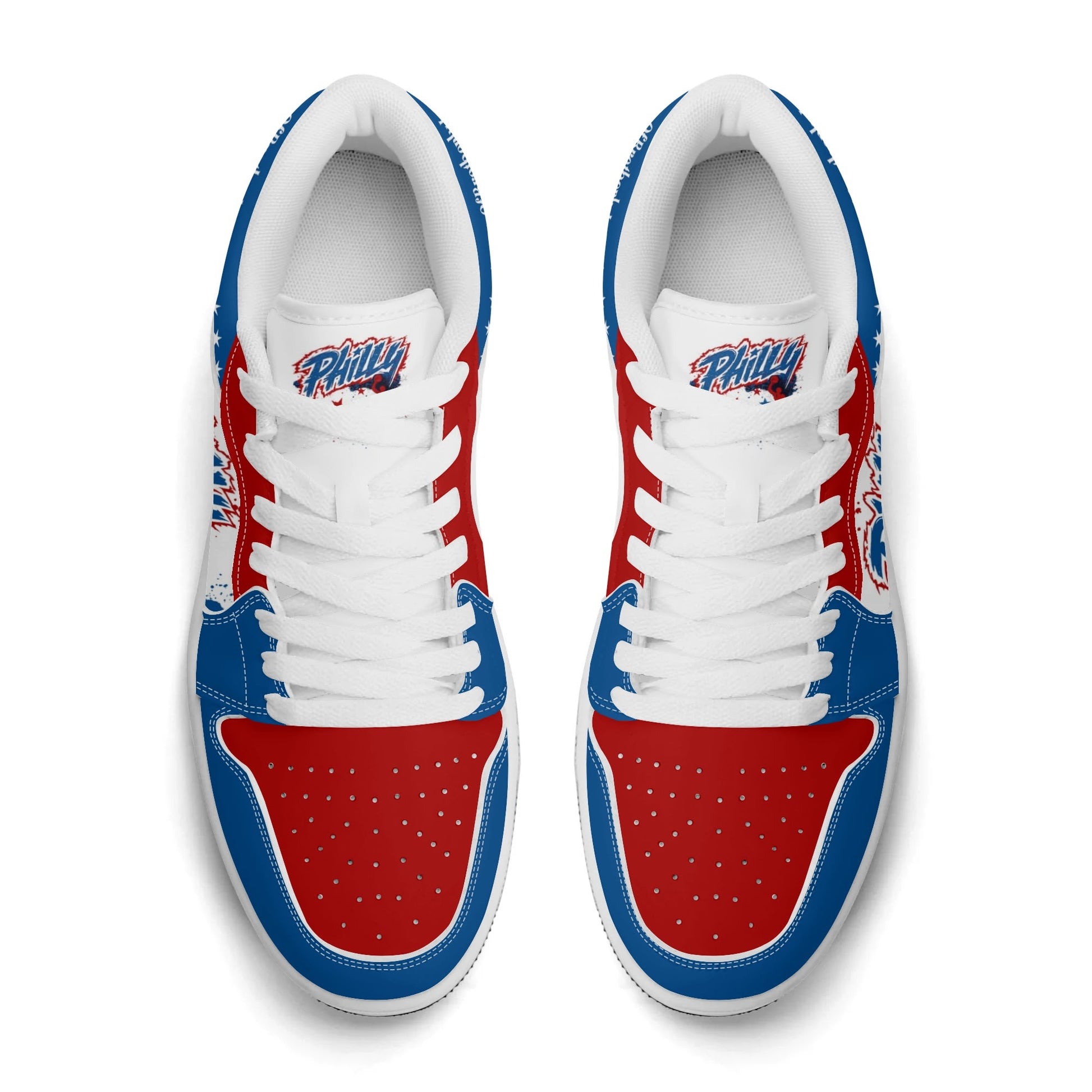 Philadelphia basketball-inspired Jamrock Low top sneakers in red, white, and blue with all-over city skyline graphic printed upper