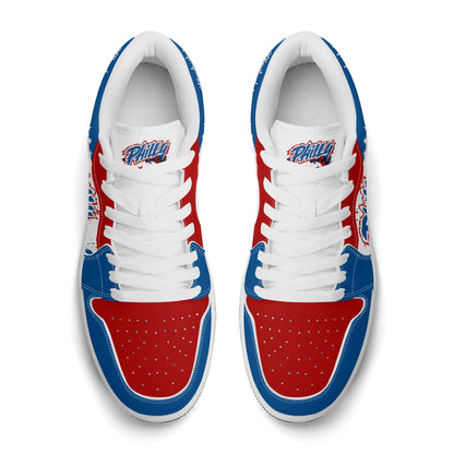 Philadelphia basketball-inspired Jamrock Low top sneakers in red, white, and blue with all-over city skyline graphic printed upper