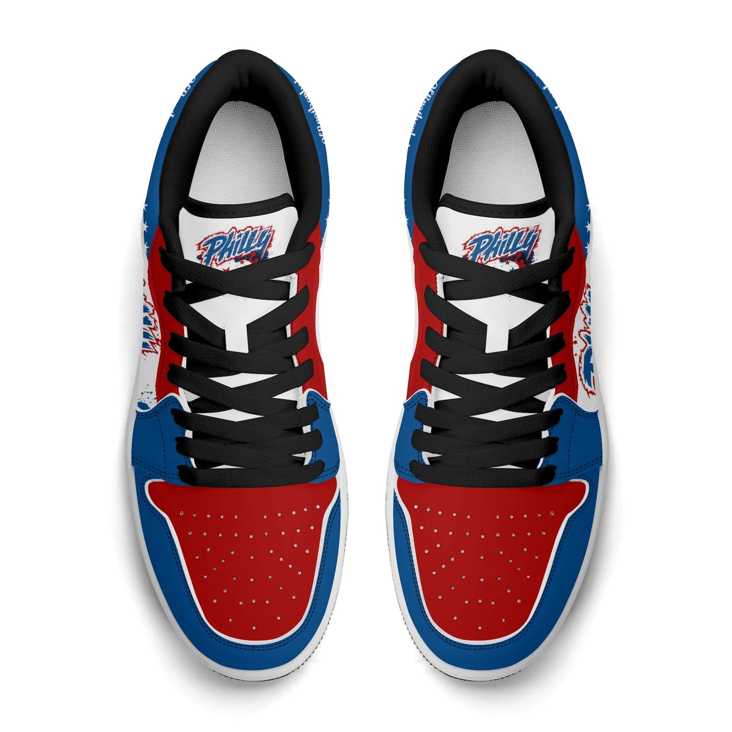 Philadelphia basketball-inspired Jamrock Low top sneakers in red, white, and blue with all-over city skyline graphic printed upper