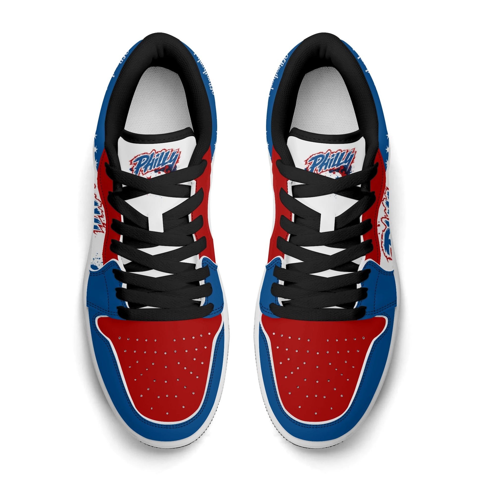 Philadelphia basketball-inspired Jamrock Low top sneakers in red, white, and blue with all-over city skyline graphic printed upper