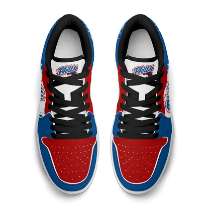 Philadelphia basketball-inspired Jamrock Low top sneakers in red, white, and blue with all-over city skyline graphic printed upper