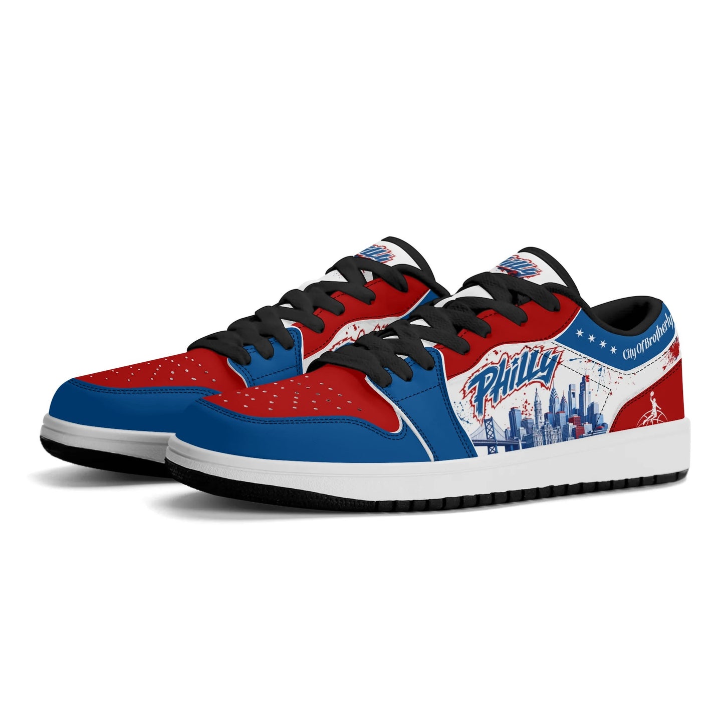 Philadelphia basketball-inspired Jamrock Low top sneakers in red, white, and blue with all-over city skyline graphic printed upper