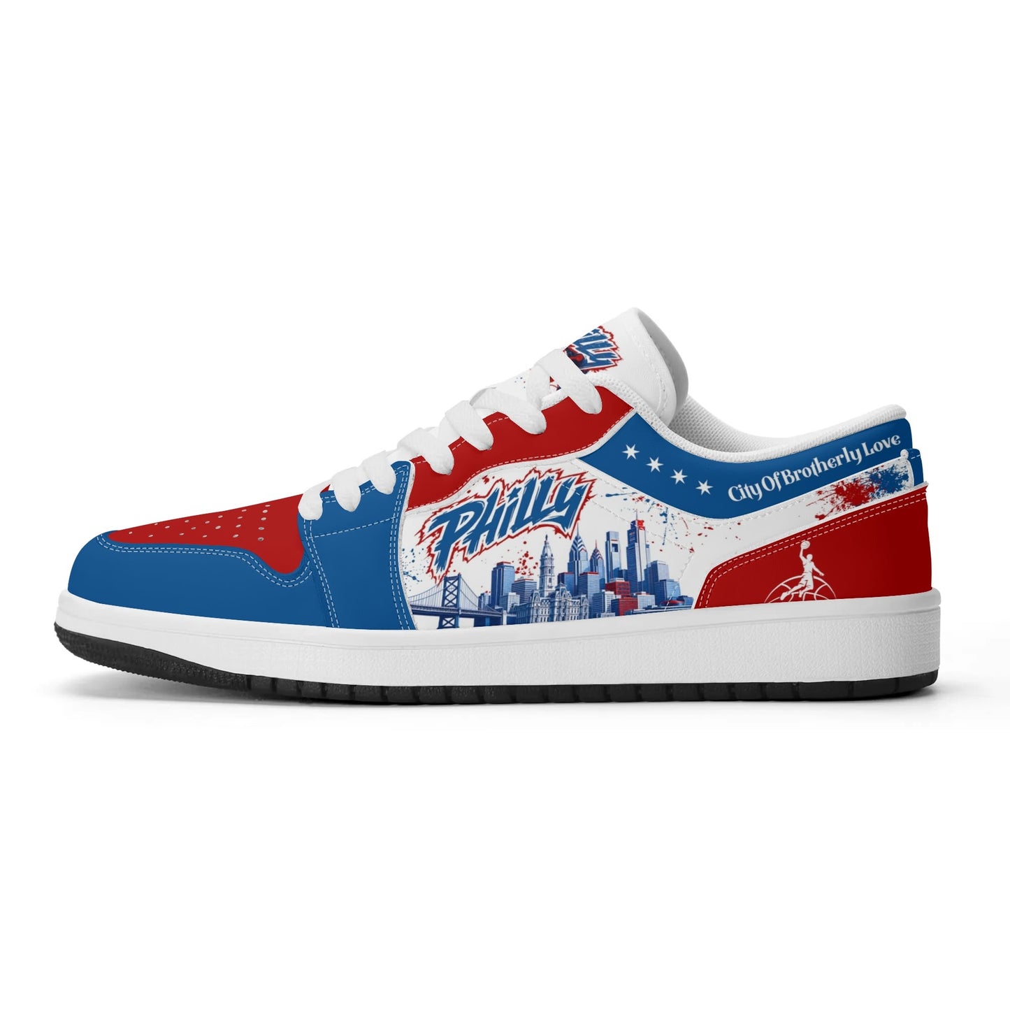 Philadelphia basketball-inspired Jamrock Low top sneakers in red, white, and blue with all-over city skyline graphic printed upper