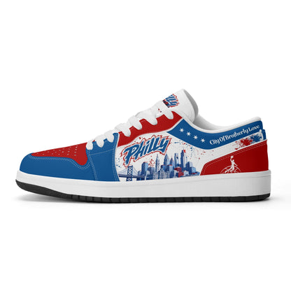 Philadelphia basketball-inspired Jamrock Low top sneakers in red, white, and blue with all-over city skyline graphic printed upper