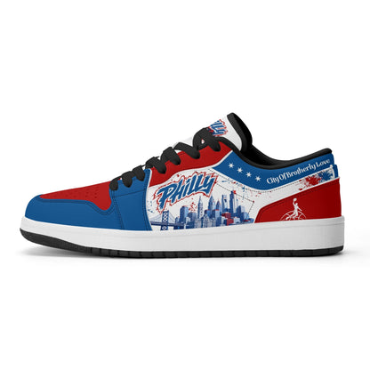 Philadelphia basketball-inspired Jamrock Low top sneakers in red, white, and blue with all-over city skyline graphic printed upper