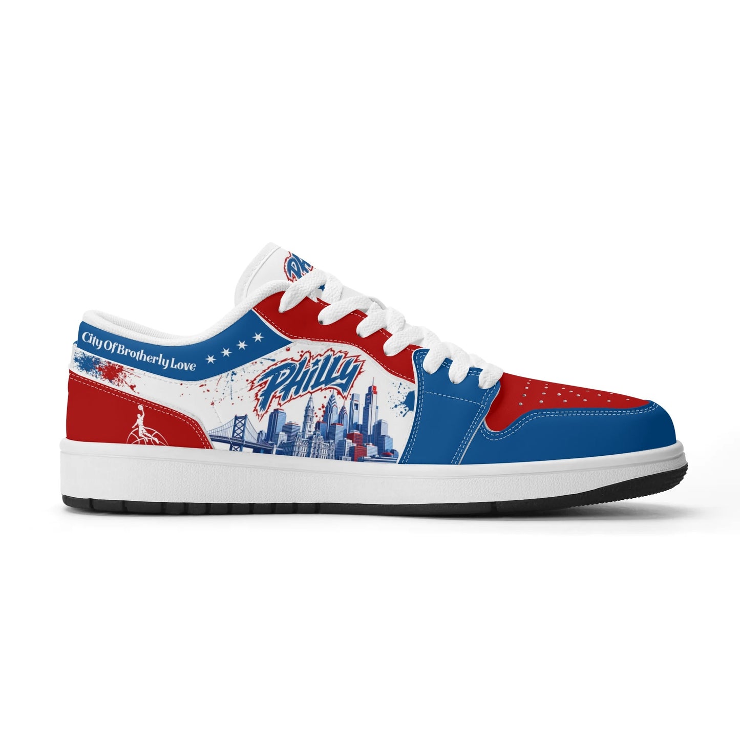 Philadelphia basketball-inspired Jamrock Low top sneakers in red, white, and blue with all-over city skyline graphic printed upper
