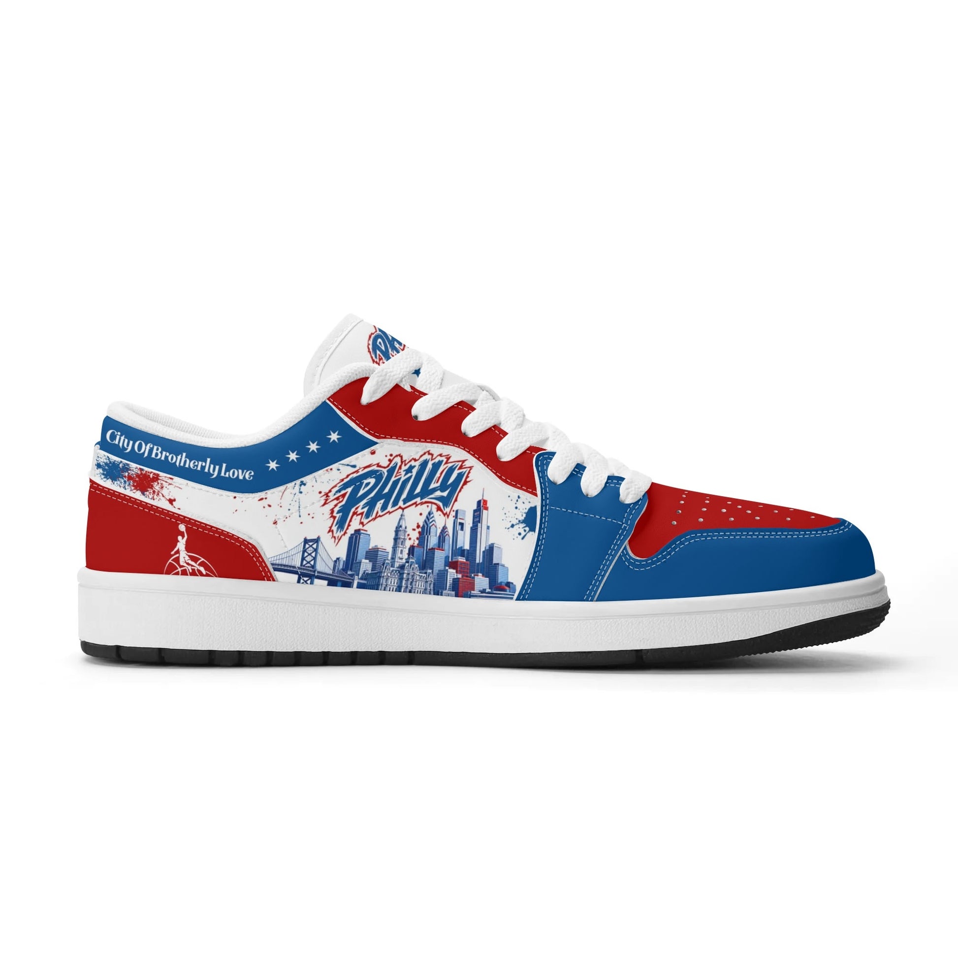 Philadelphia basketball-inspired Jamrock Low top sneakers in red, white, and blue with all-over city skyline graphic printed upper