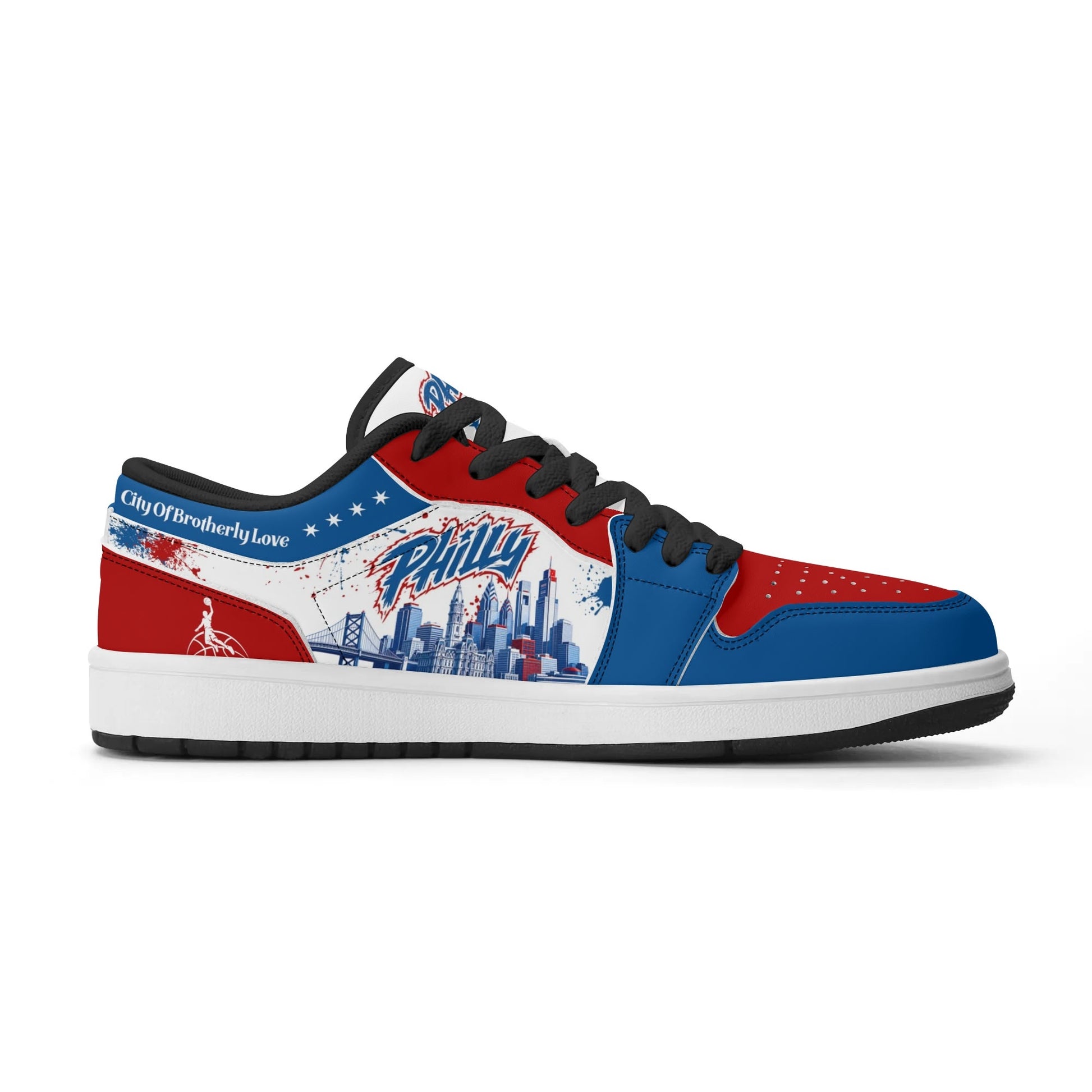 Philadelphia basketball-inspired Jamrock Low top sneakers in red, white, and blue with all-over city skyline graphic printed upper