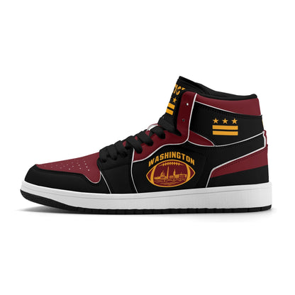 Washington football-inspired Jamrock High top sneakers in black, burgundy and gold with three DC flag stars and skyline artwork inside a football
