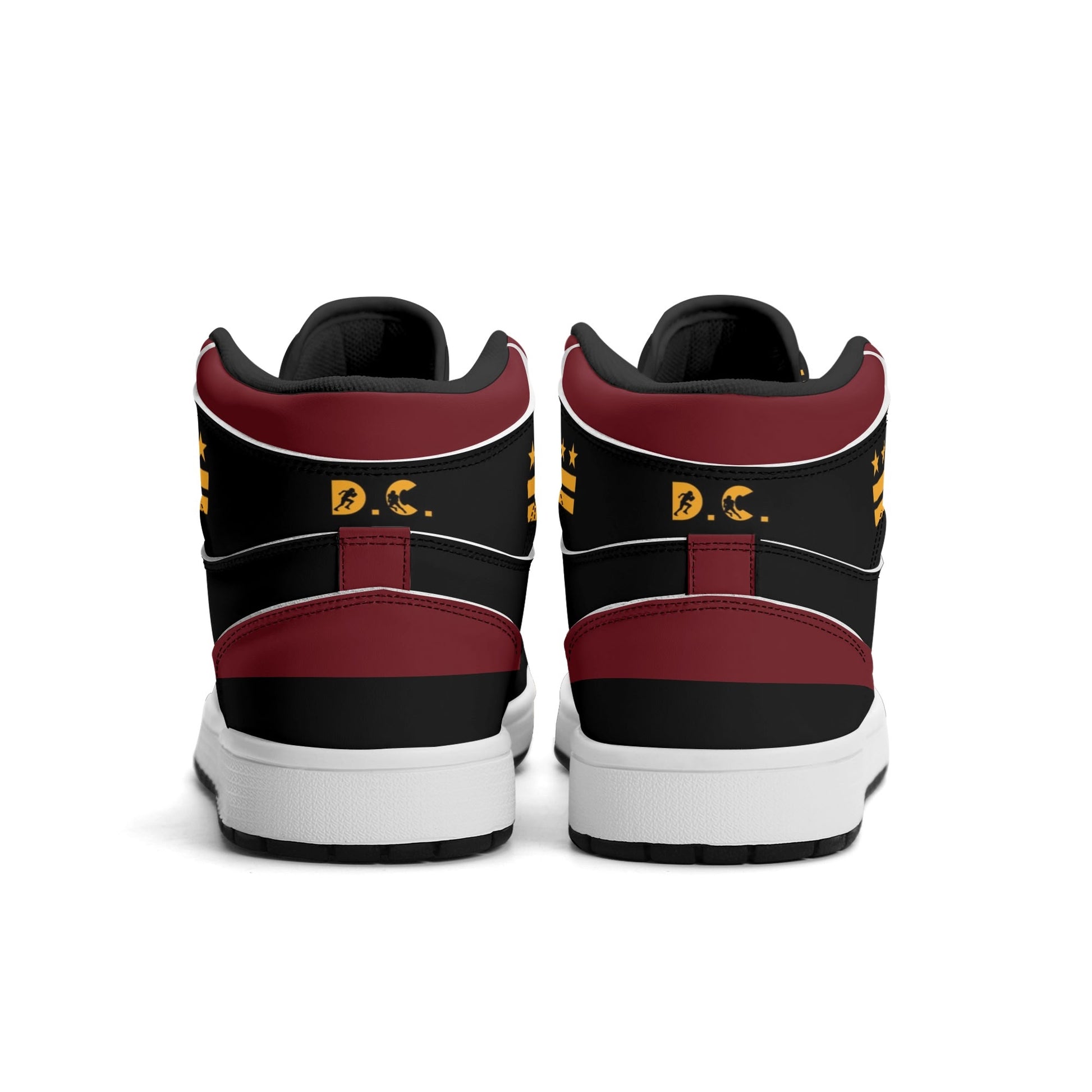 Washington football-inspired Jamrock High top sneakers in black, burgundy and gold with three DC flag stars and skyline artwork inside a football
