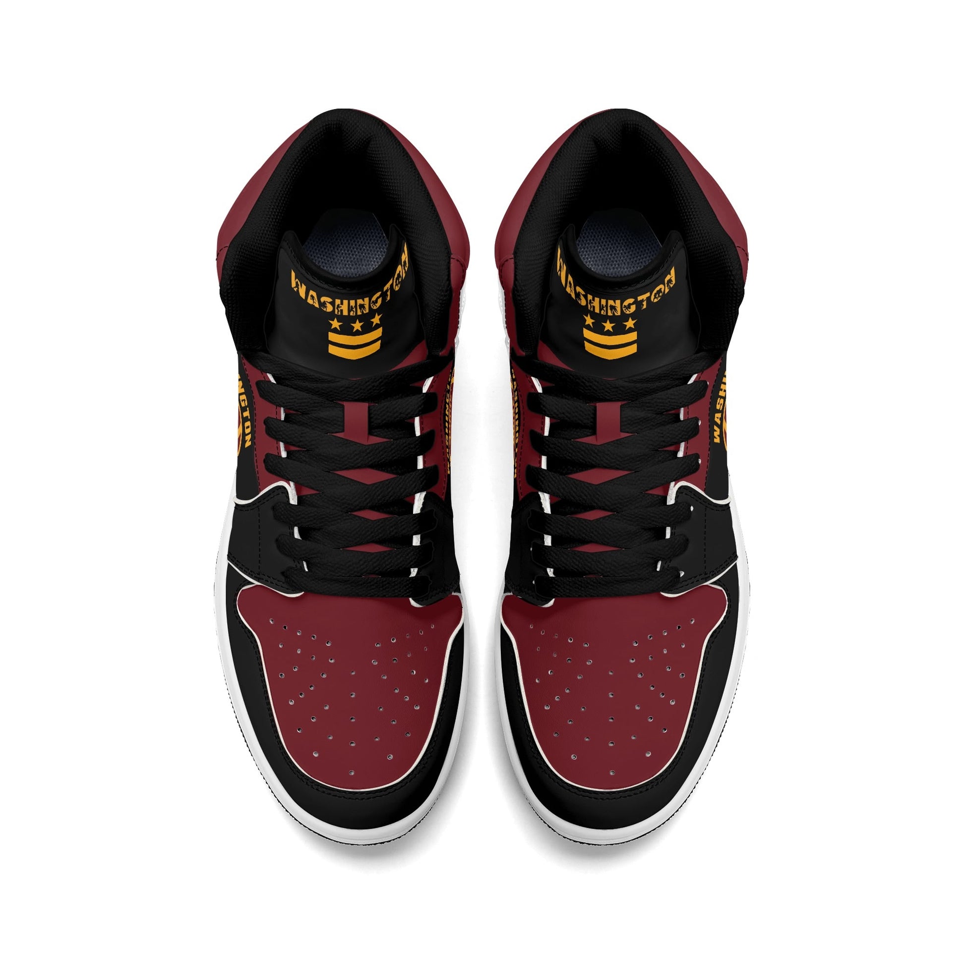 Washington football-inspired Jamrock High top sneakers in black, burgundy and gold with three DC flag stars and skyline artwork inside a football