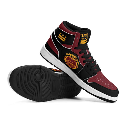 Washington football-inspired Jamrock High top sneakers in black, burgundy and gold with three DC flag stars and skyline artwork inside a football