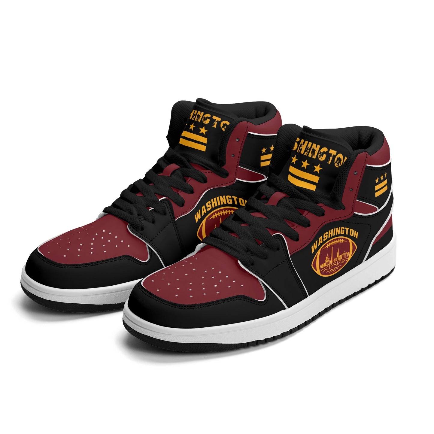 Washington football-inspired Jamrock High top sneakers in black, burgundy and gold with three DC flag stars and skyline artwork inside a football