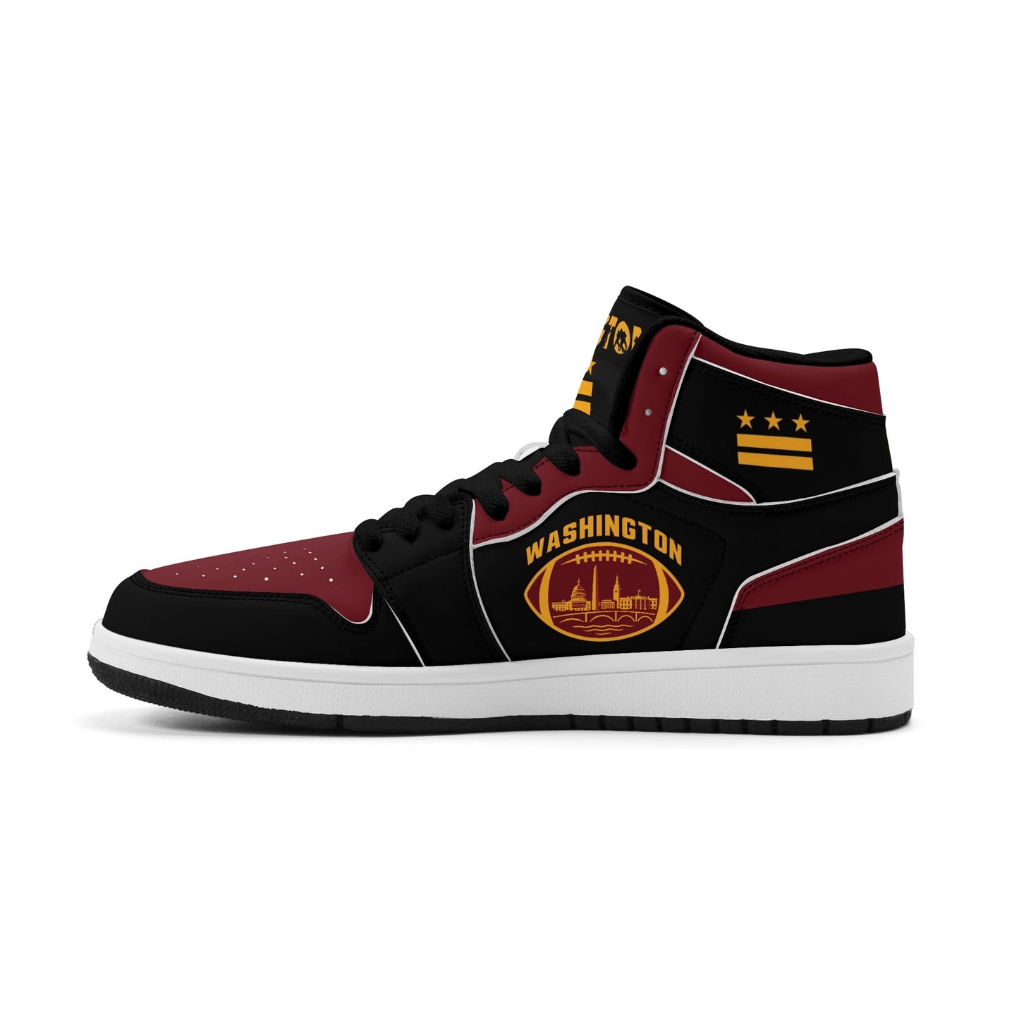 Washington football-inspired Jamrock High top sneakers in black, burgundy and gold with three DC flag stars and skyline artwork inside a football