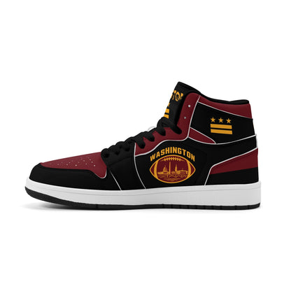 Washington football-inspired Jamrock High top sneakers in black, burgundy and gold with three DC flag stars and skyline artwork inside a football