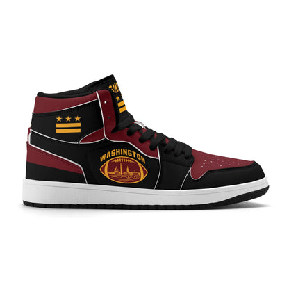Washington football-inspired Jamrock High top sneakers in black, burgundy and gold with three DC flag stars and skyline artwork inside a football