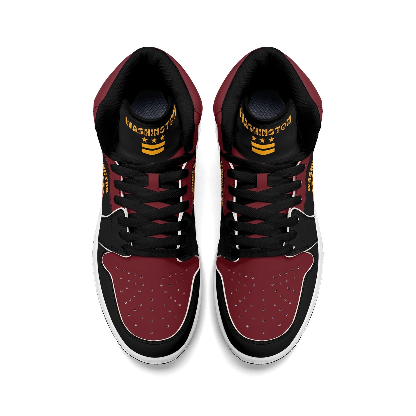 Washington football-inspired Jamrock High top sneakers in black, burgundy and gold with three DC flag stars and skyline artwork inside a football