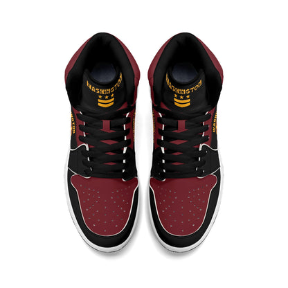 Washington football-inspired Jamrock High top sneakers in black, burgundy and gold with three DC flag stars and skyline artwork inside a football