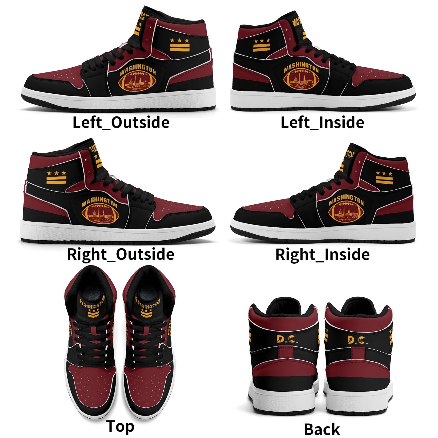 Washington football-inspired Jamrock High top sneakers in black, burgundy and gold with three DC flag stars and skyline artwork inside a football