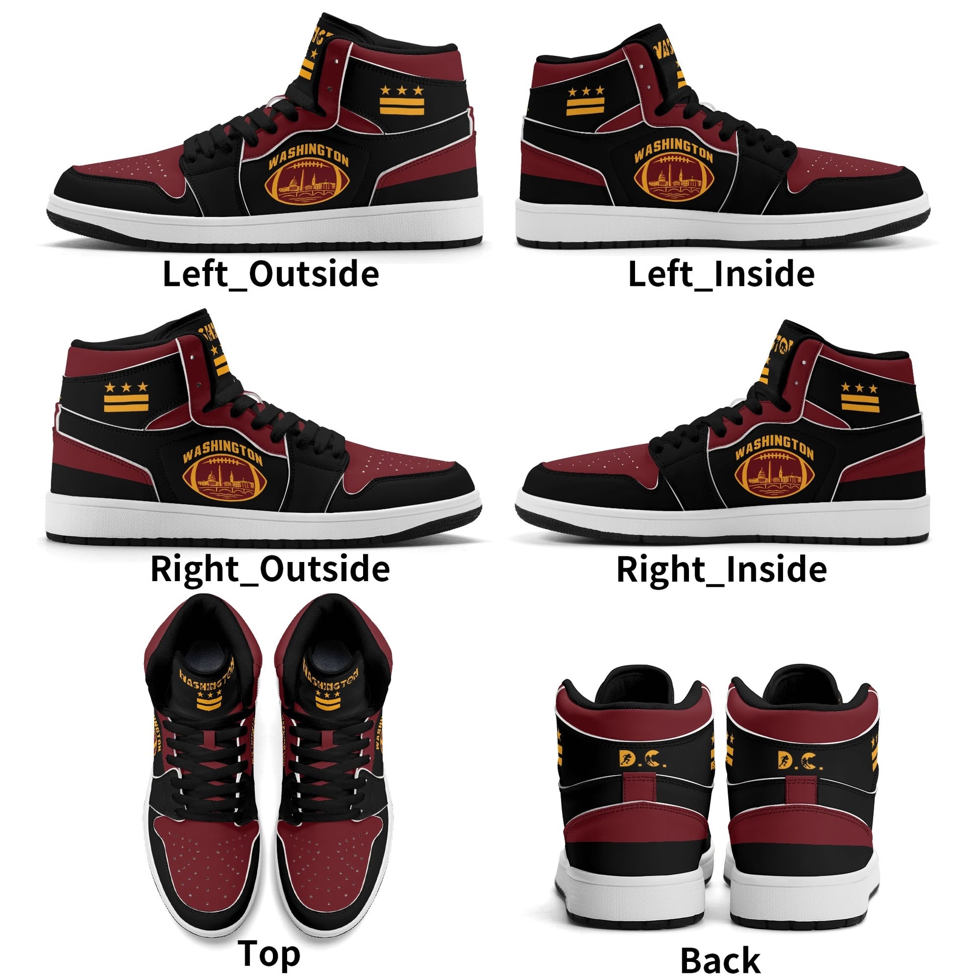 Washington football-inspired Jamrock High top sneakers in black, burgundy and gold with three DC flag stars and skyline artwork inside a football