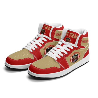 San Francisco football-inspired Jamrock High top sneakers in red and gold with Gold Rush collar text and Golden Gate Bridge skyline artwork inside a football
