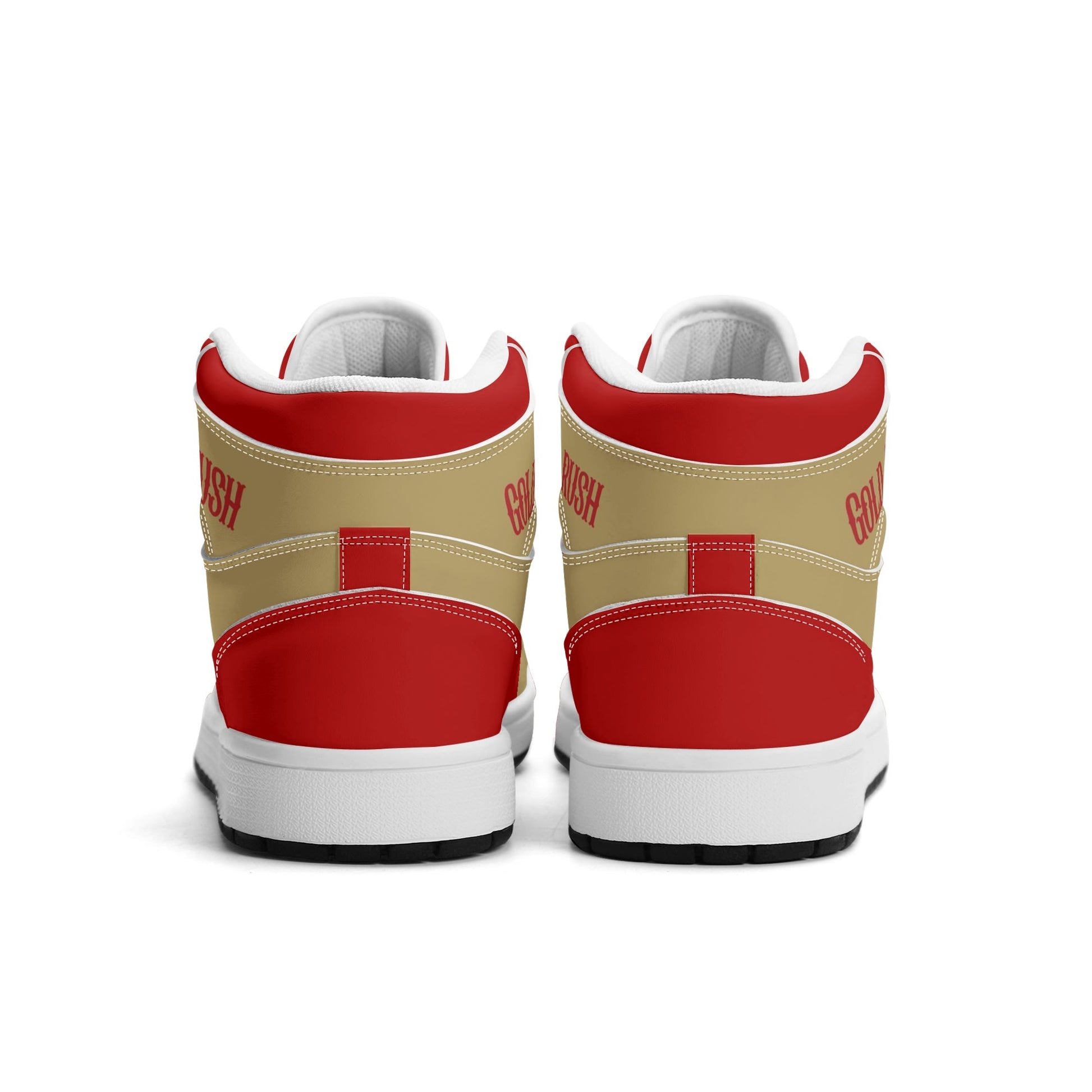 San Francisco football-inspired Jamrock High top sneakers in red and gold with Gold Rush collar text and Golden Gate Bridge skyline artwork inside a football