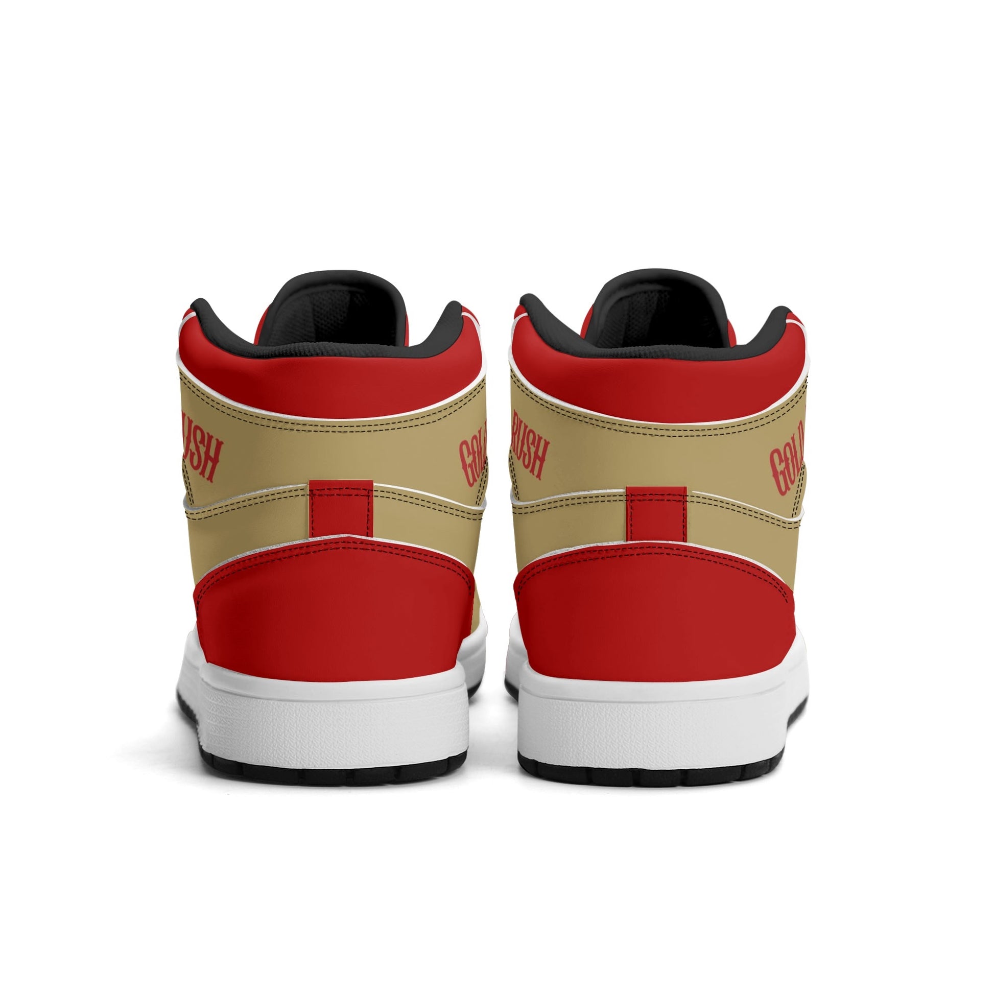 San Francisco football-inspired Jamrock High top sneakers in red and gold with Gold Rush collar text and Golden Gate Bridge skyline artwork inside a football