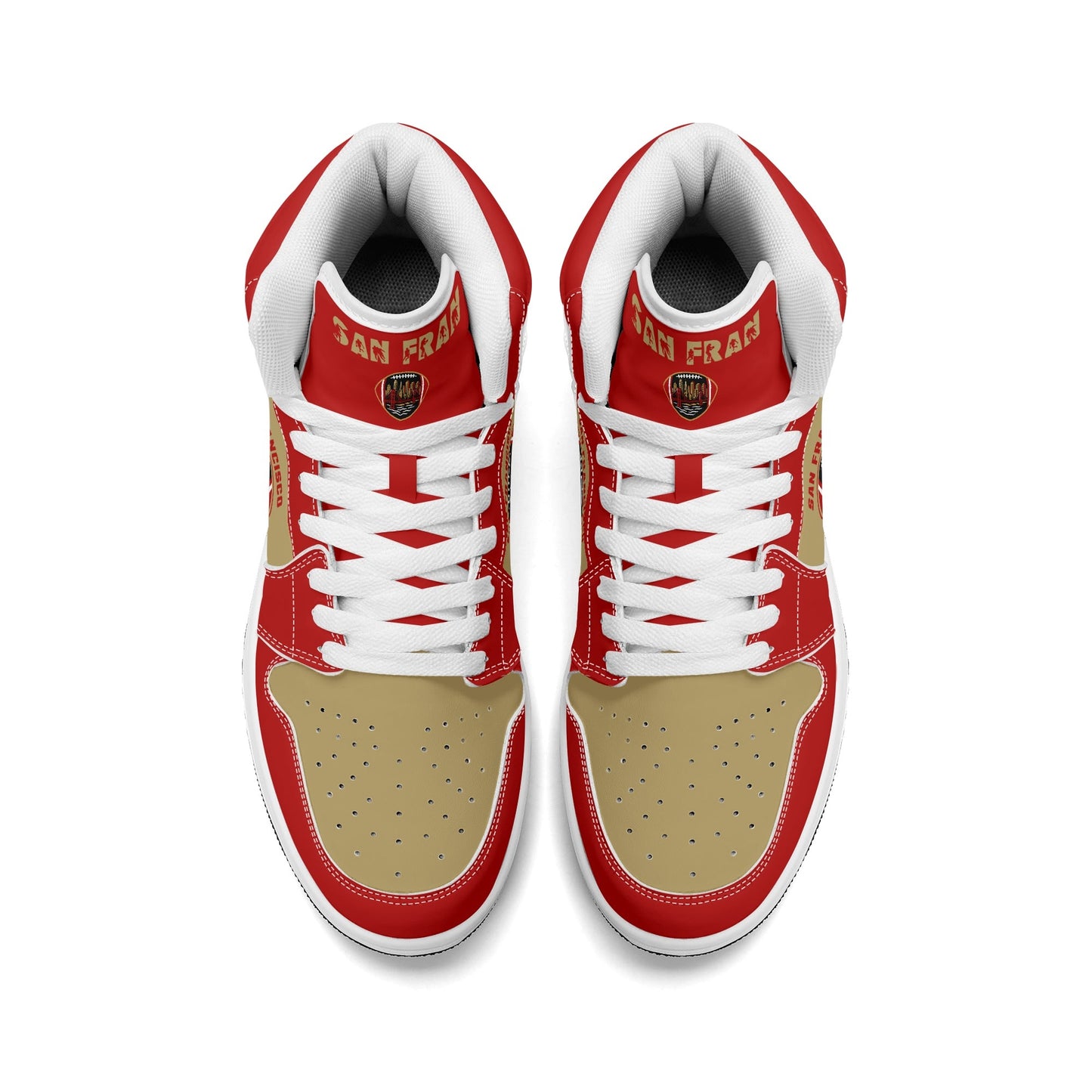 San Francisco football-inspired Jamrock High top sneakers in red and gold with Gold Rush collar text and Golden Gate Bridge skyline artwork inside a football