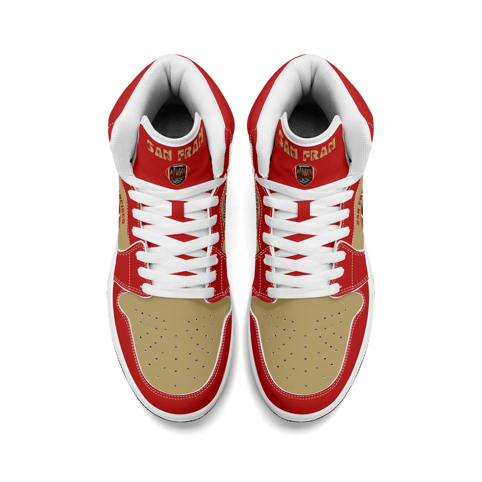San Francisco football-inspired Jamrock High top sneakers in red and gold with Gold Rush collar text and Golden Gate Bridge skyline artwork inside a football