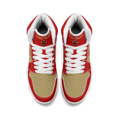 San Francisco football-inspired Jamrock High top sneakers in red and gold with Gold Rush collar text and Golden Gate Bridge skyline artwork inside a football