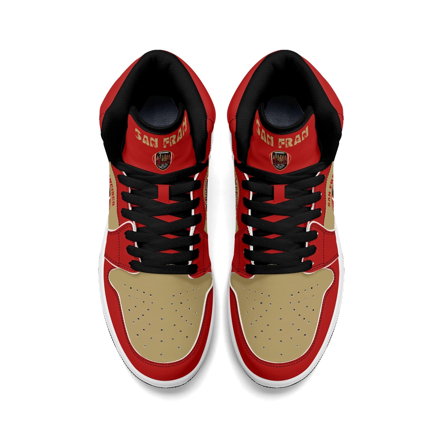 San Francisco football-inspired Jamrock High top sneakers in red and gold with Gold Rush collar text and Golden Gate Bridge skyline artwork inside a football