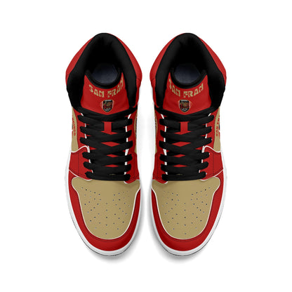 San Francisco football-inspired Jamrock High top sneakers in red and gold with Gold Rush collar text and Golden Gate Bridge skyline artwork inside a football