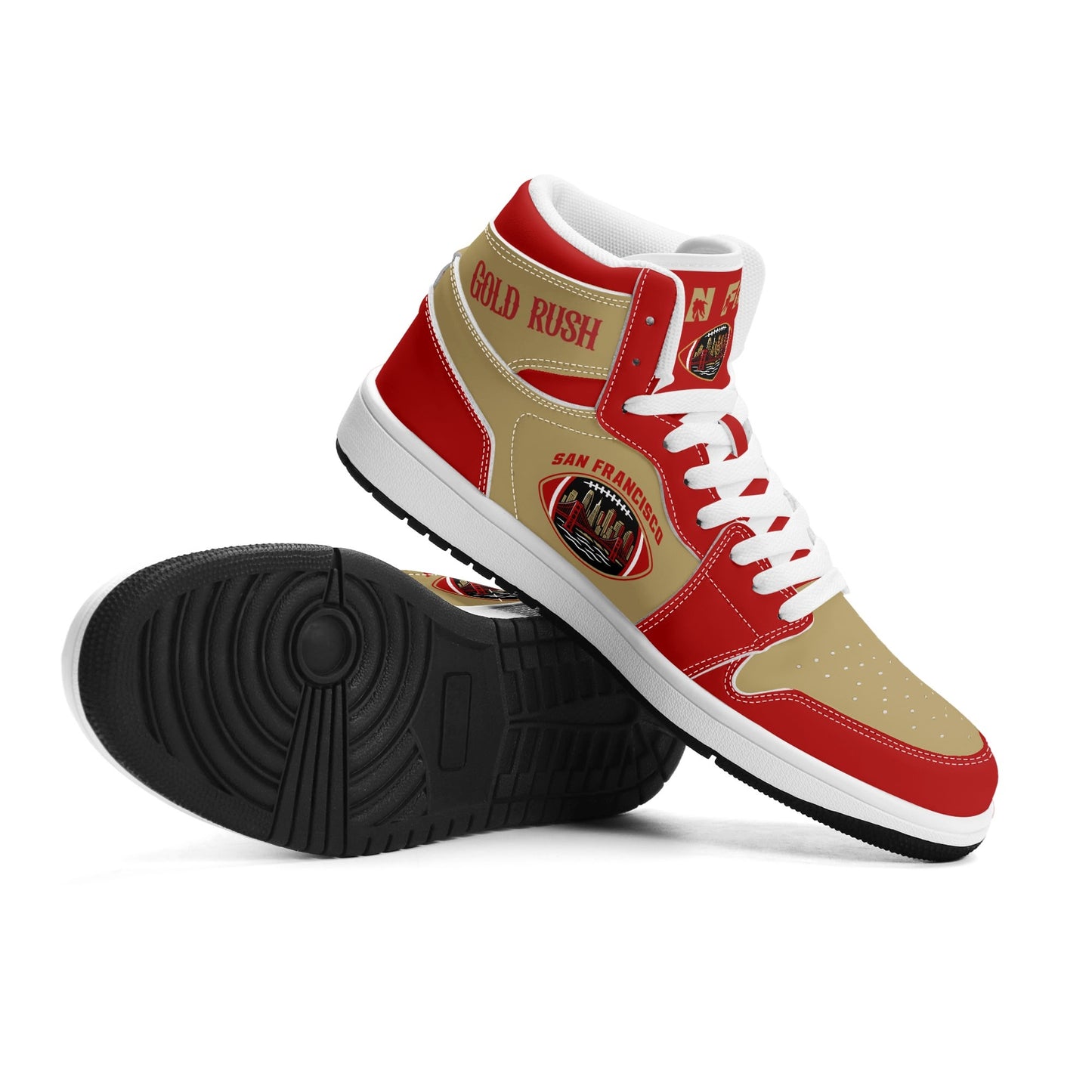 San Francisco football-inspired Jamrock High top sneakers in red and gold with Gold Rush collar text and Golden Gate Bridge skyline artwork inside a football