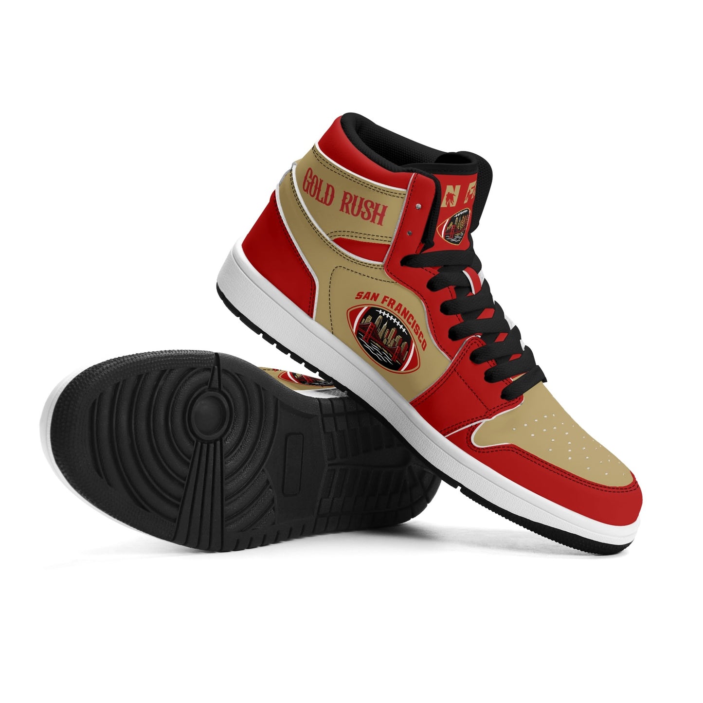 San Francisco football-inspired Jamrock High top sneakers in red and gold with Gold Rush collar text and Golden Gate Bridge skyline artwork inside a football