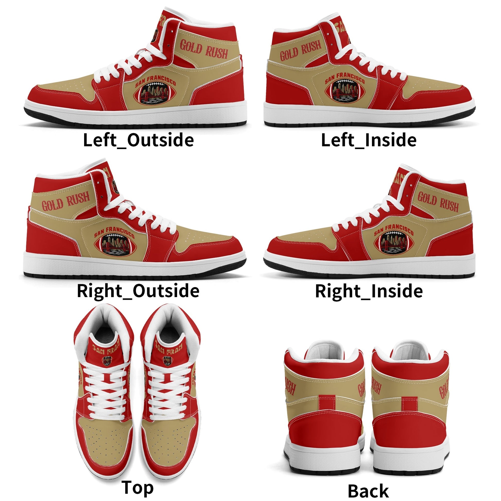 San Francisco football-inspired Jamrock High top sneakers in red and gold with Gold Rush collar text and Golden Gate Bridge skyline artwork inside a football