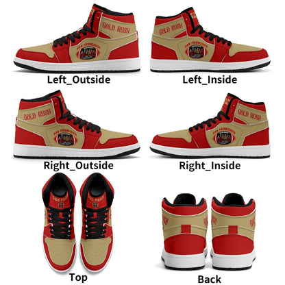 San Francisco football-inspired Jamrock High top sneakers in red and gold with Gold Rush collar text and Golden Gate Bridge skyline artwork inside a football