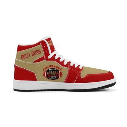 San Francisco football-inspired Jamrock High top sneakers in red and gold with Gold Rush collar text and Golden Gate Bridge skyline artwork inside a football