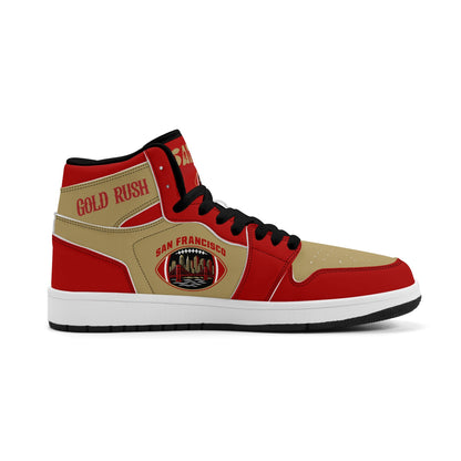 San Francisco football-inspired Jamrock High top sneakers in red and gold with Gold Rush collar text and Golden Gate Bridge skyline artwork inside a football