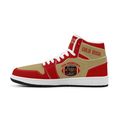 San Francisco football-inspired Jamrock High top sneakers in red and gold with Gold Rush collar text and Golden Gate Bridge skyline artwork inside a football